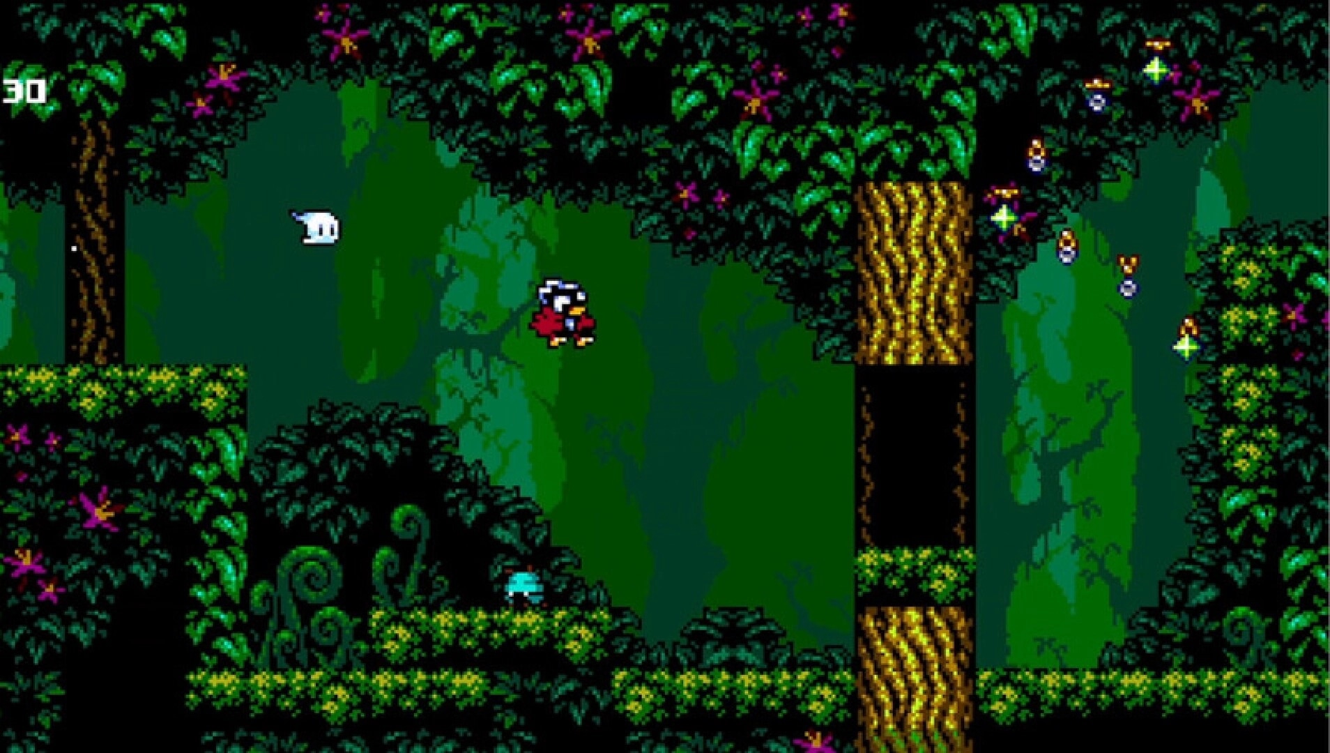 Blinding Lite: Character leaps through lush forest platforming, collecting glowing orbs amid vibrant foliage