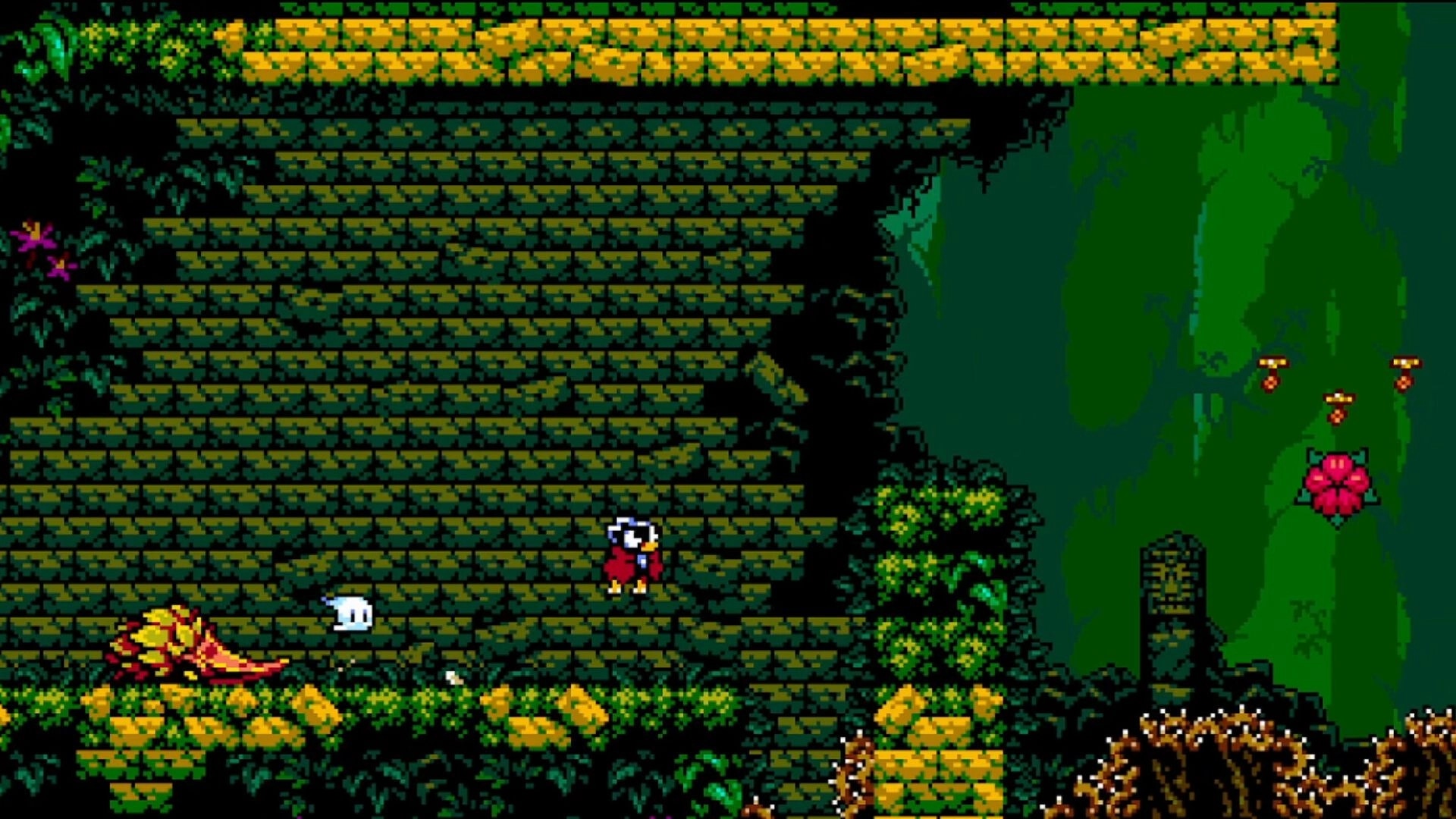 Blinding Lite: Character jumps across lush jungle platform with vines, facing off against a giant flower.