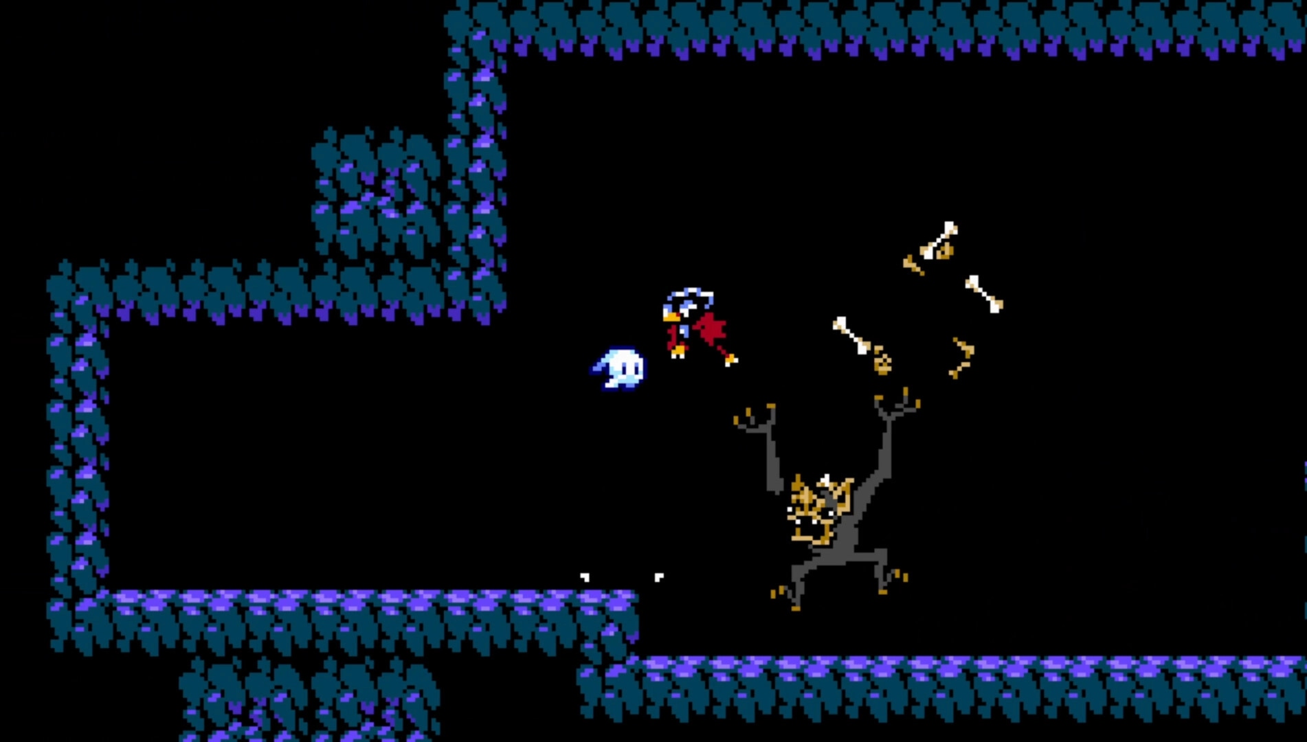 Blinding Lite: Player and ghost ally battle skeletal enemy in dark, cavernous platforming environment