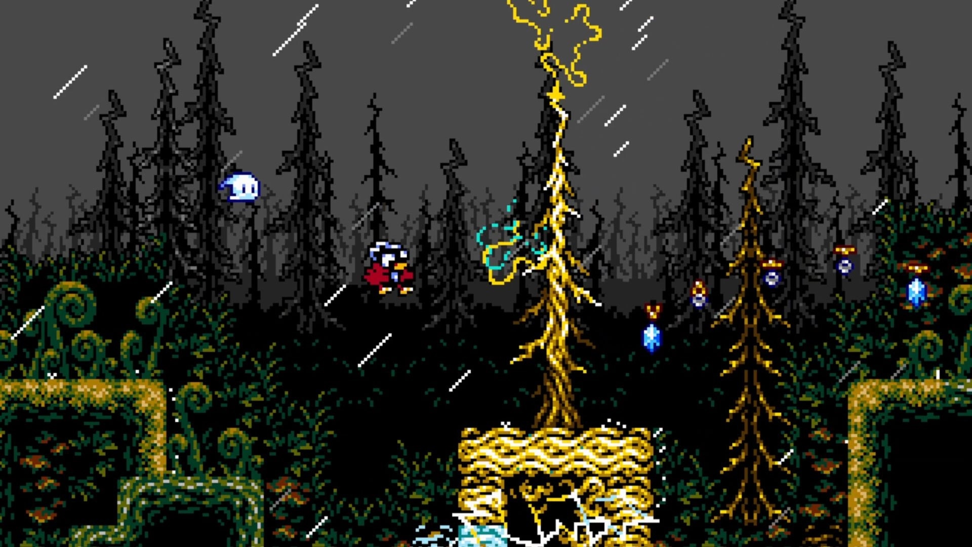 Blinding Lite: Character jumps in a dark forest with glowing blue and yellow elements and tall trees