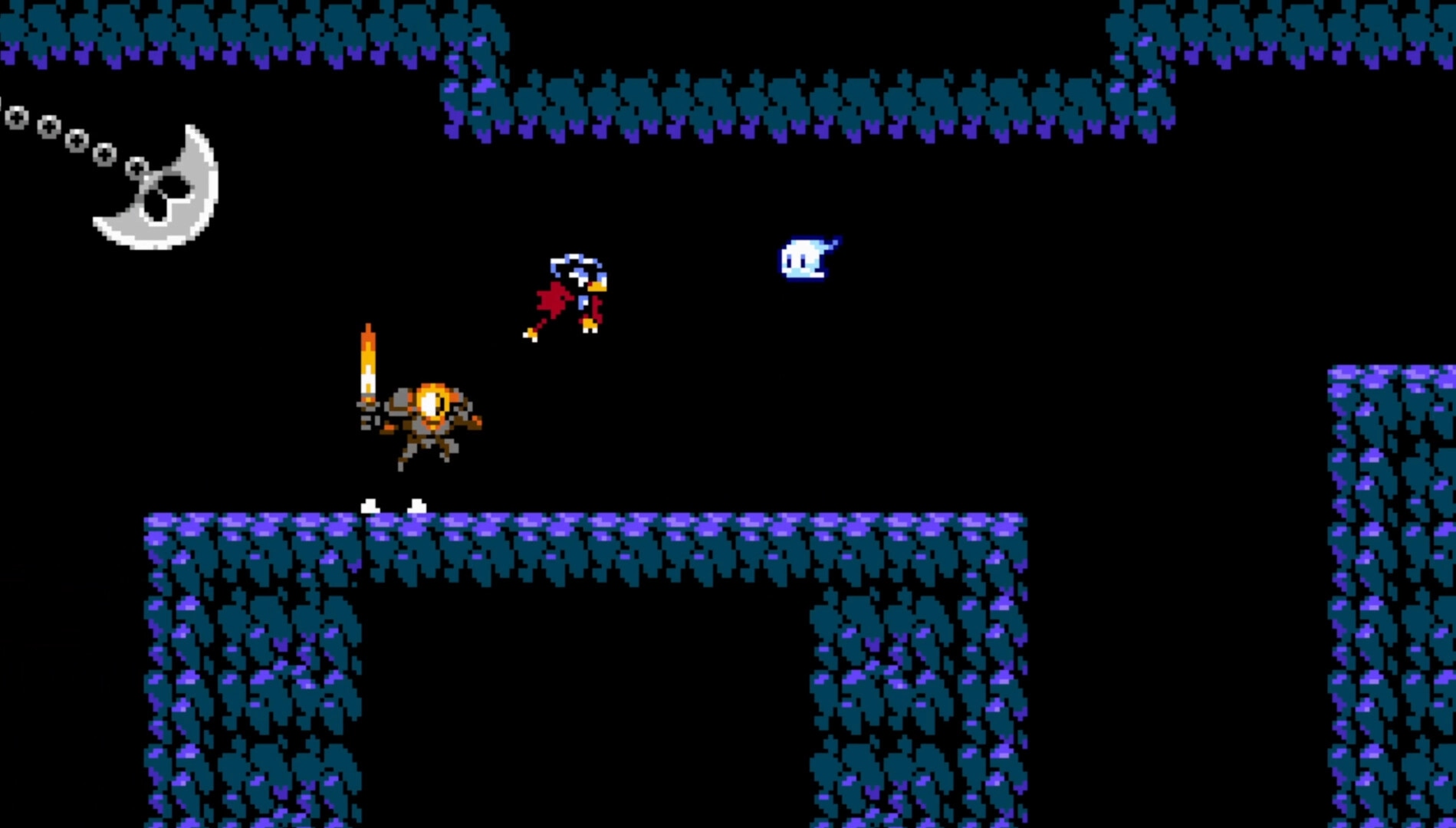 Blinding Lite: Hero with flaming sword leaps towards ghost in dark cavern with swinging blade trap