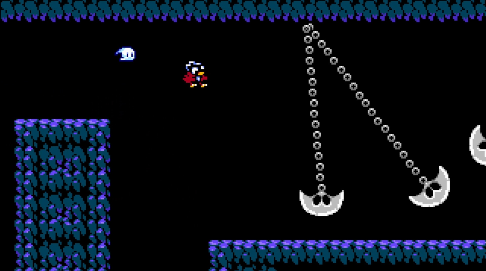 Blinding Lite: Character mid-jump avoiding swinging blades in a cavernous, pixelated platform environment