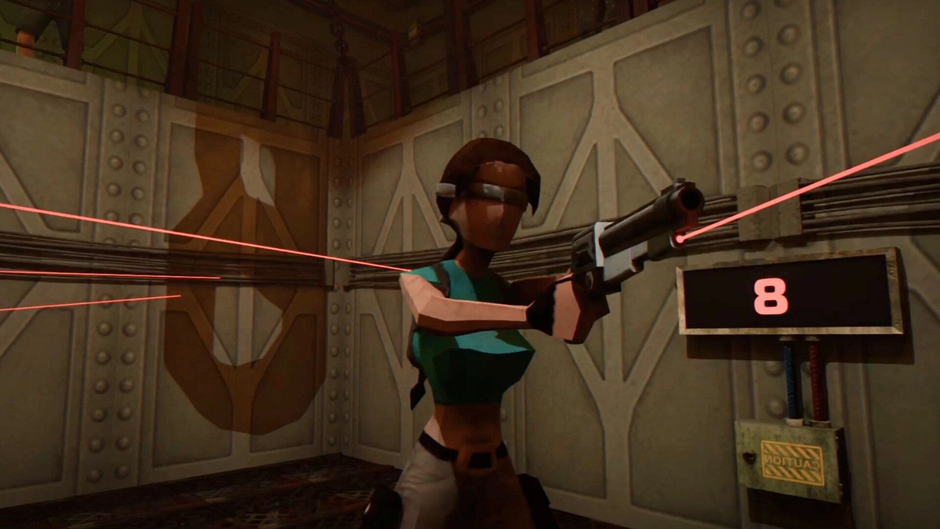 Blindshot Arena: Player aims rifle with red laser beams in metal room beside a glowing 8 sign.