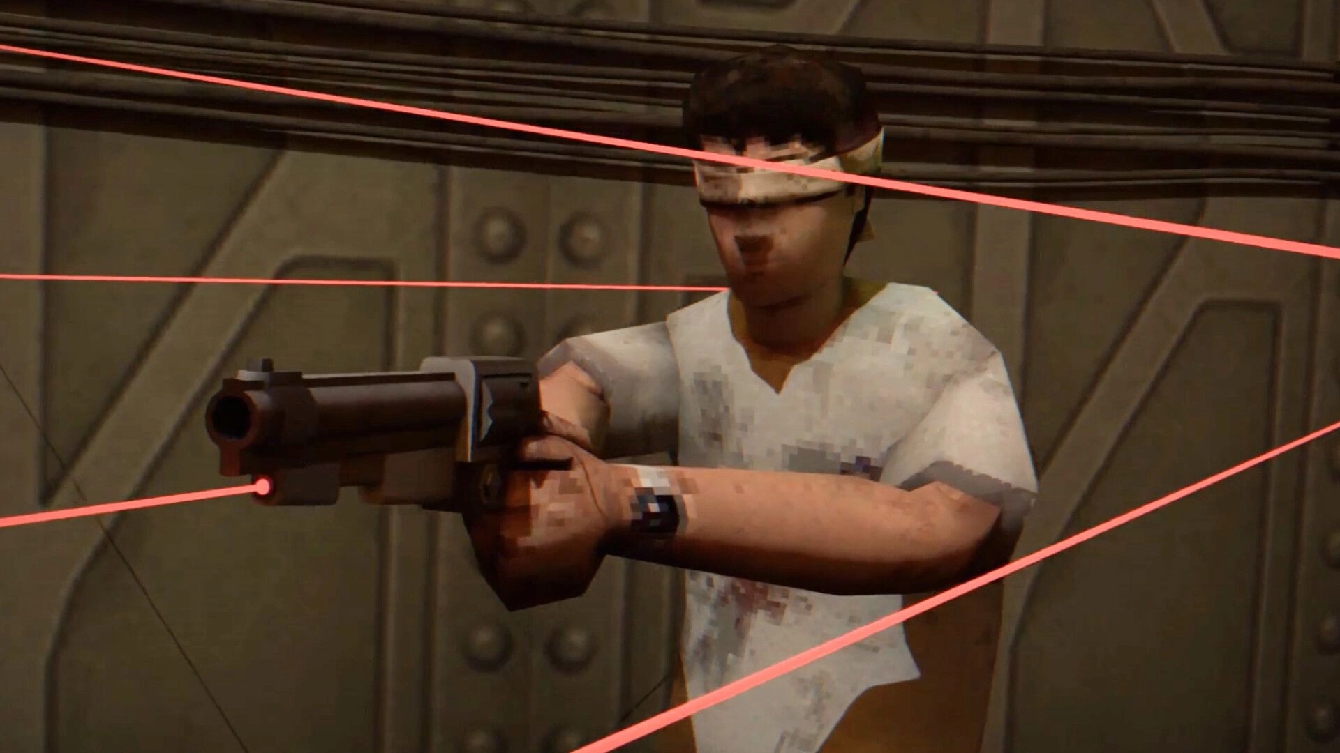 Blindshot Arena: Blindfolded fighter aims a pistol as red laser tripwires cut across metal corridor.