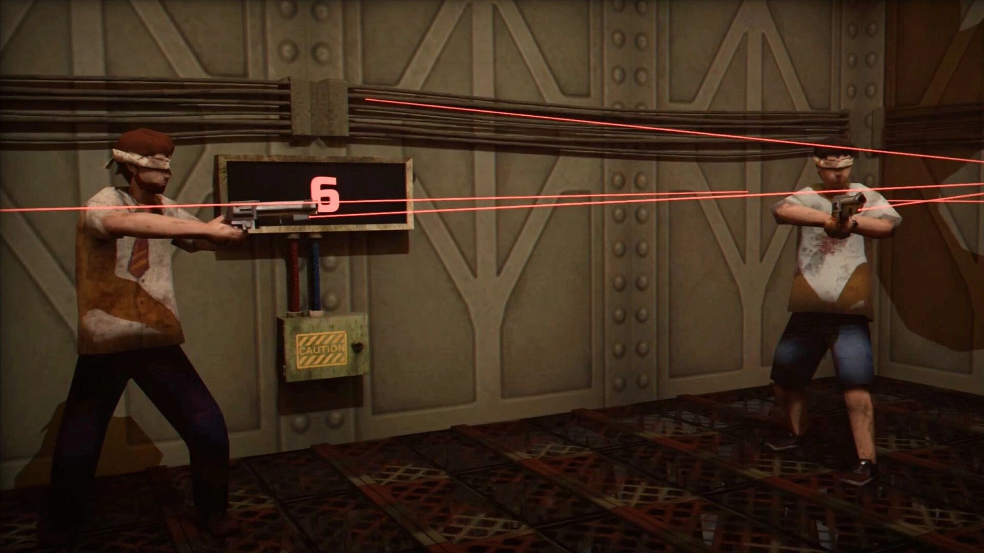 Blindshot Arena: Two blindfolded shooters aim pistols as red tracer lines cross in metal room.