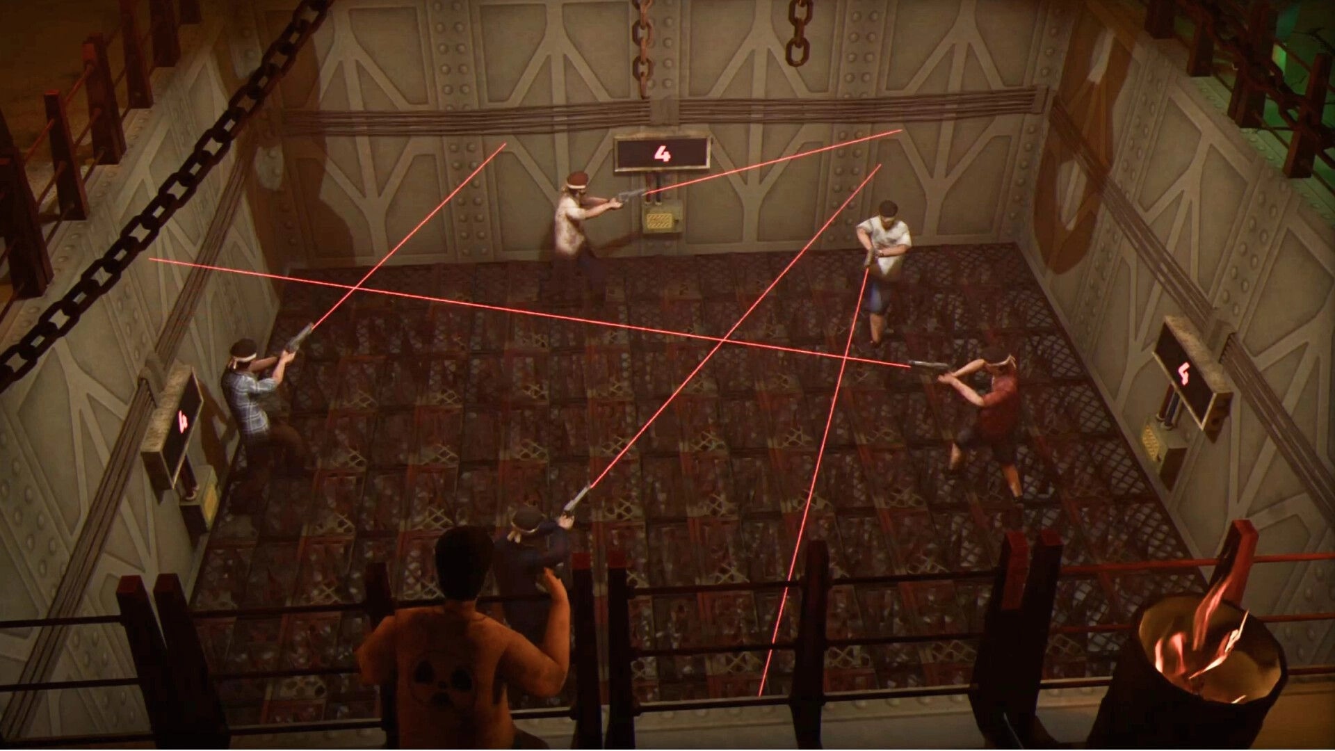 Blindshot Arena: Five players aiming pistols with red laser lines in a metal arena room with timers.