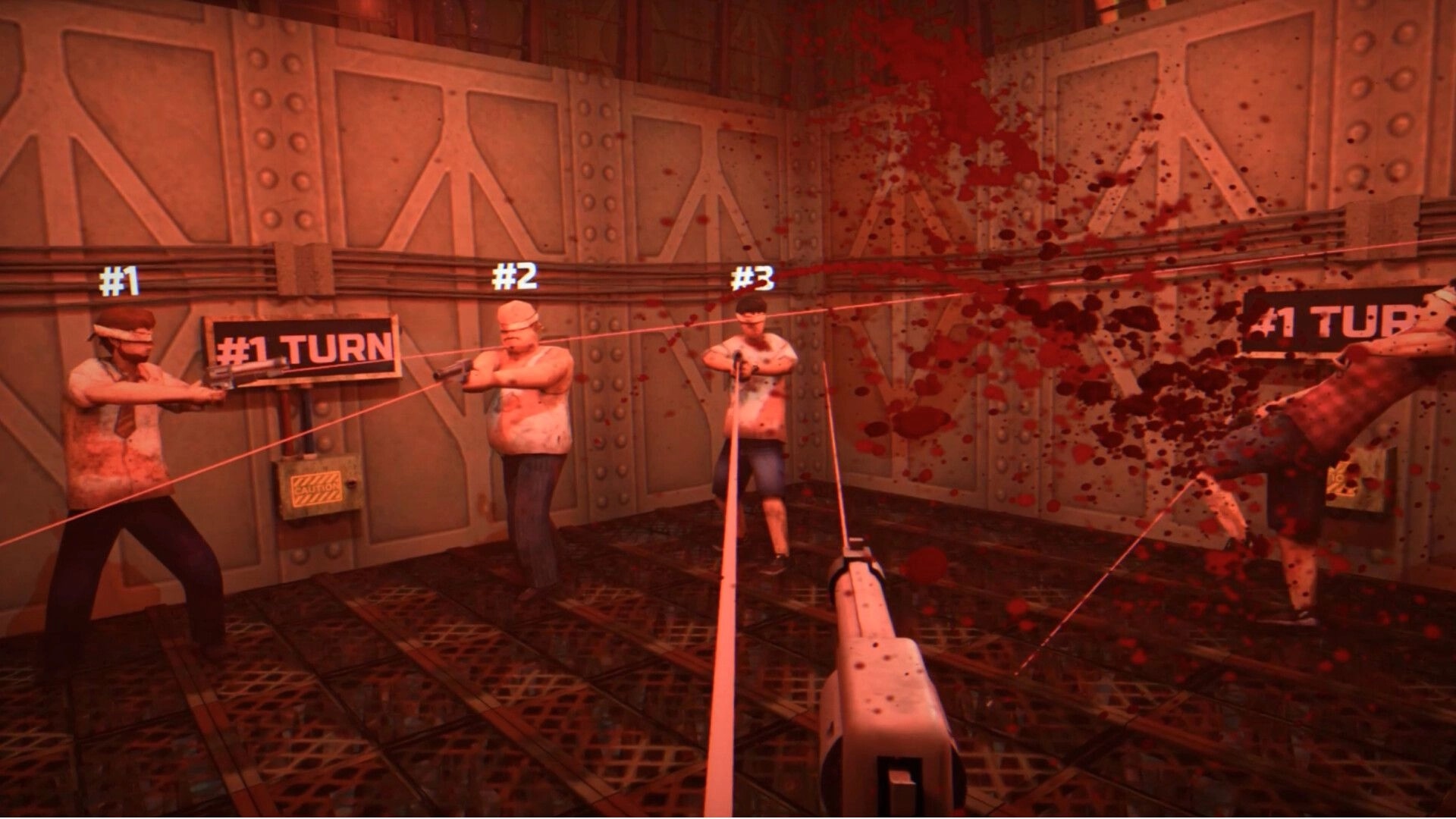 Blindshot Arena: First-person pistol aim at four numbered players in metal room with #1 TURN signs.