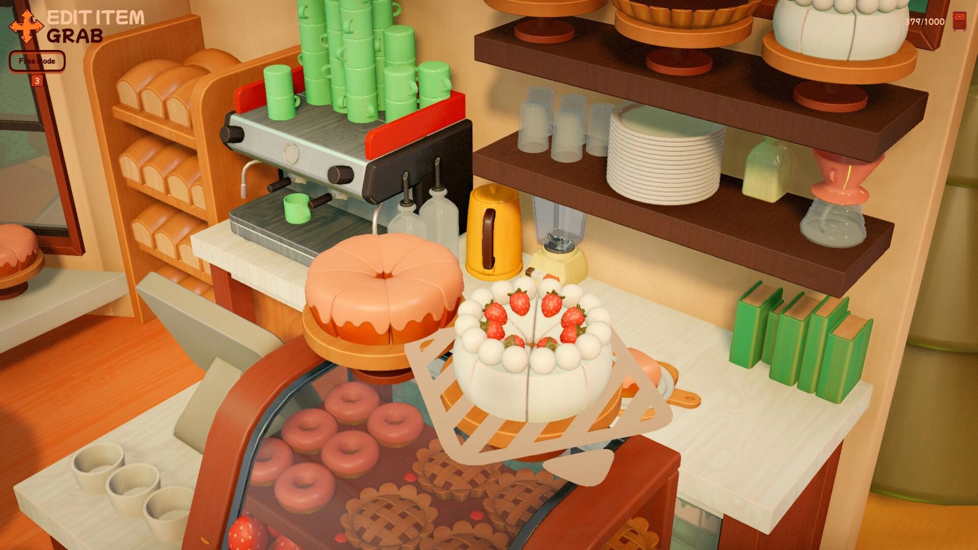 Block Block Block: Grab tool holding a strawberry cake above bakery counter with espresso machine and shelves.