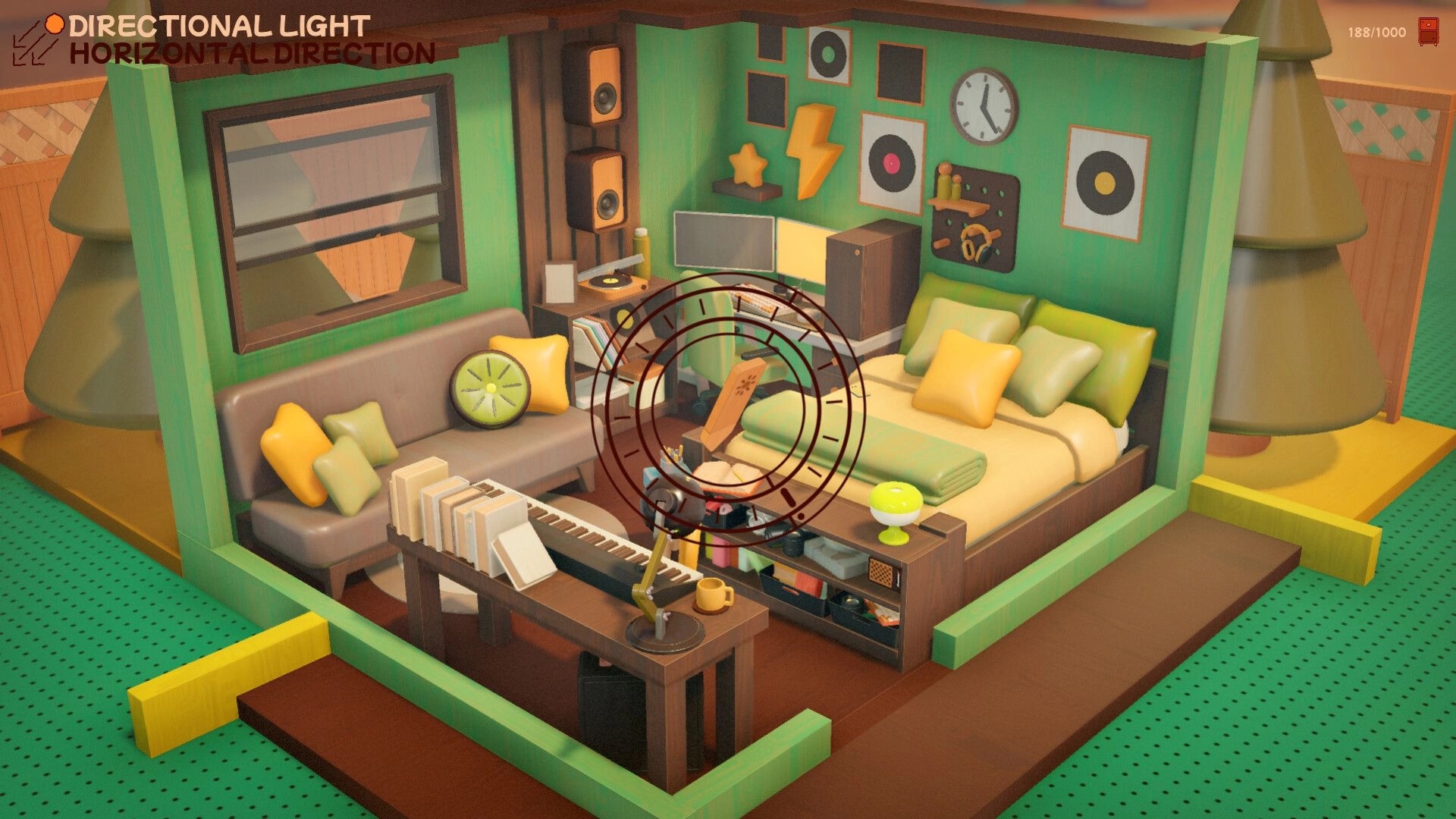 Block Block Block: Cozy bedroom diorama with bed, sofa, keyboard desk, and lighting UI overlay indoors.