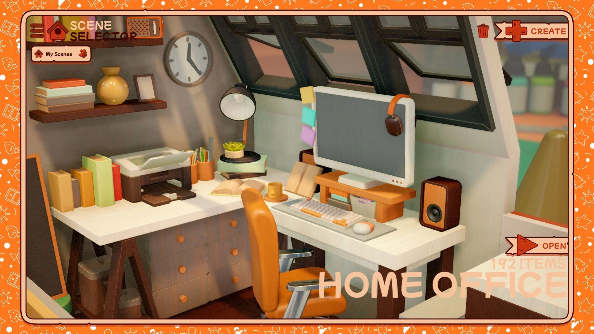 Block Block Block: Scene selector highlighting Home Office desk setup with PC and books in attic room.