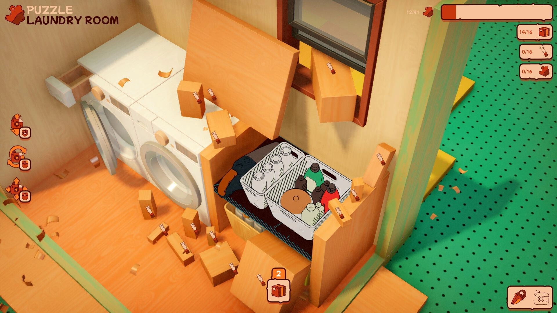 Block Block Block: Puzzle laundry room with washer and dryer, scattered blocks, and item counters UI.