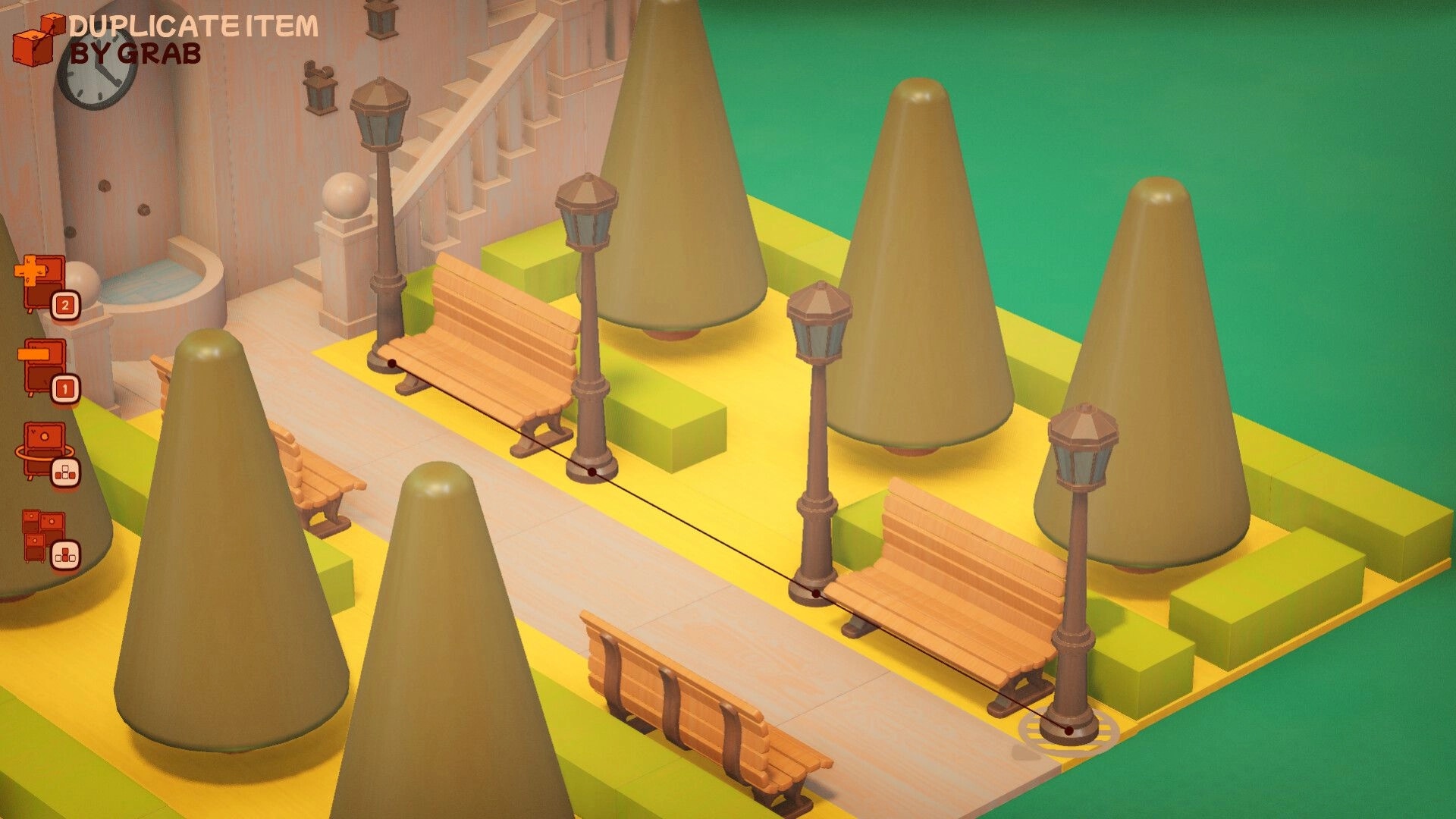 Block Block Block: Park diorama with benches, lamp posts, and cone trees beside a stairway, UI tools left.