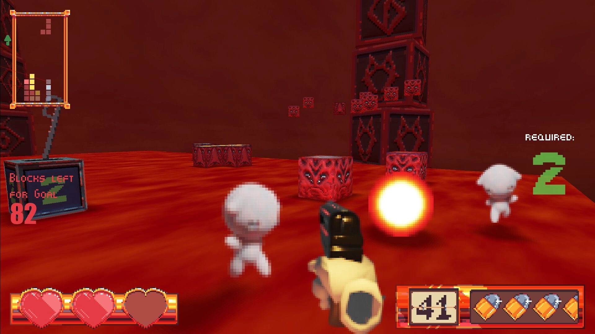 Blocks for Babies: First-person view firing at pixel enemies in a red block-filled arena environment.