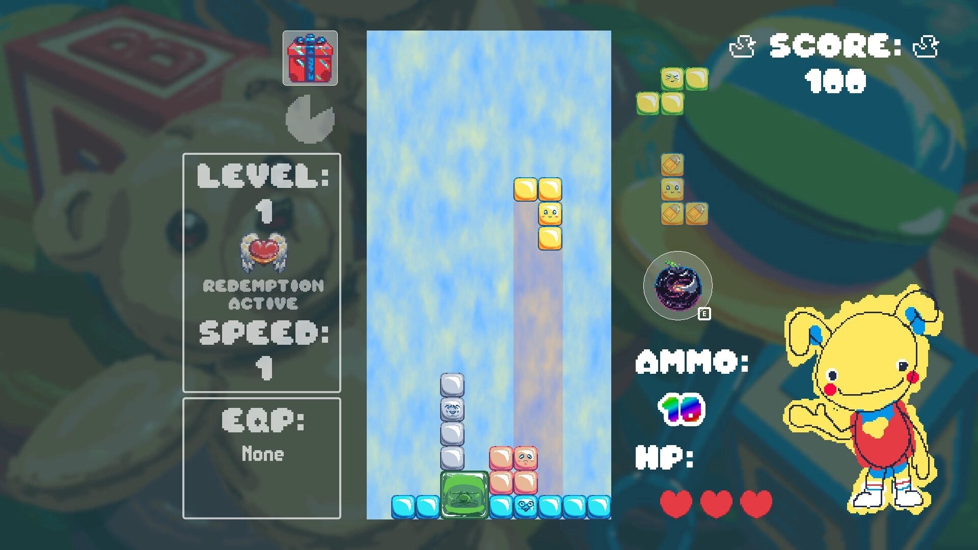 Blocks for Babies: Gameplay with falling tiles, score display, and character with ammo and health indicators.
