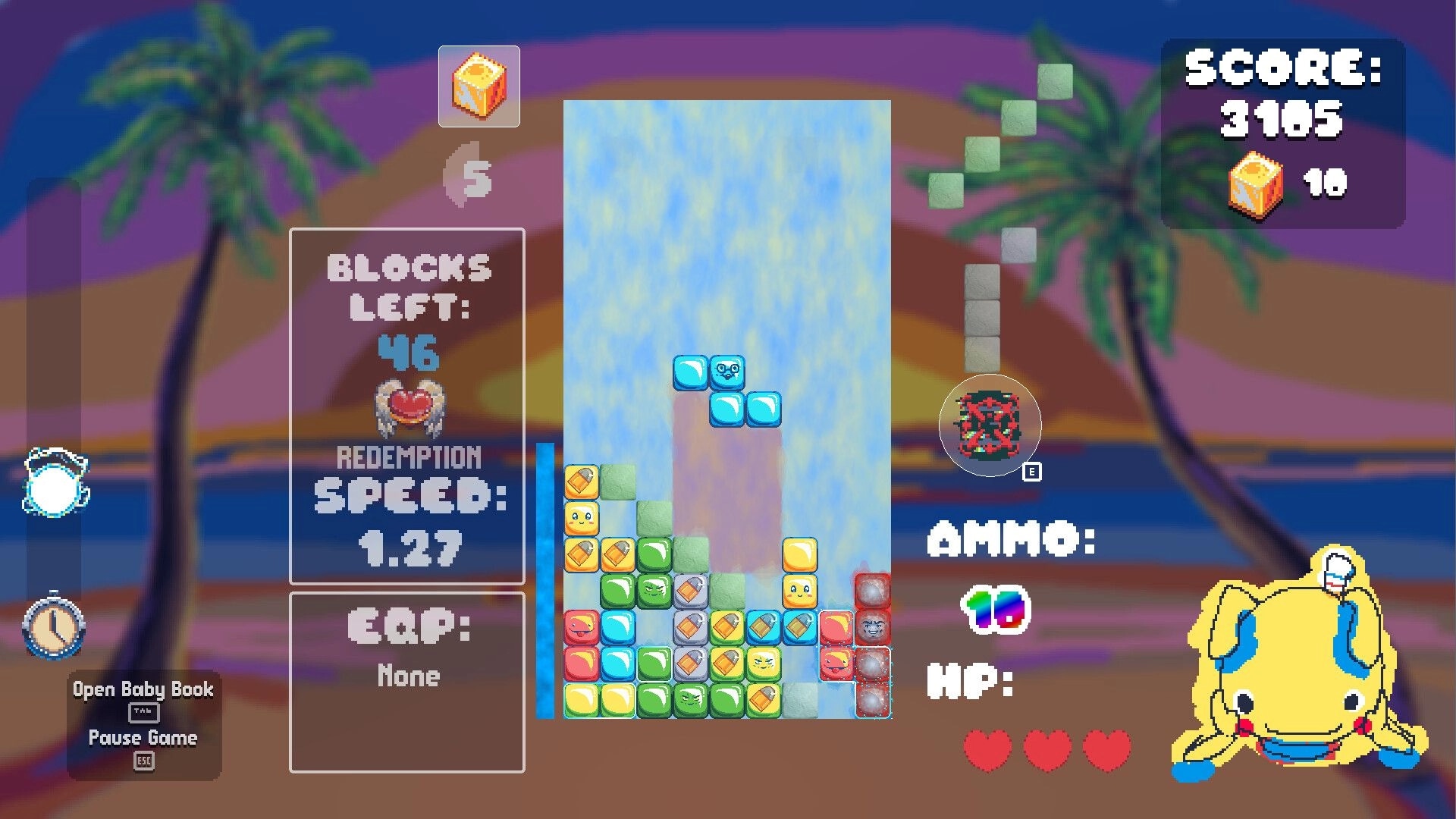 Blocks for Babies: Colorful block stacking with score and health display in a vibrant beach setting
