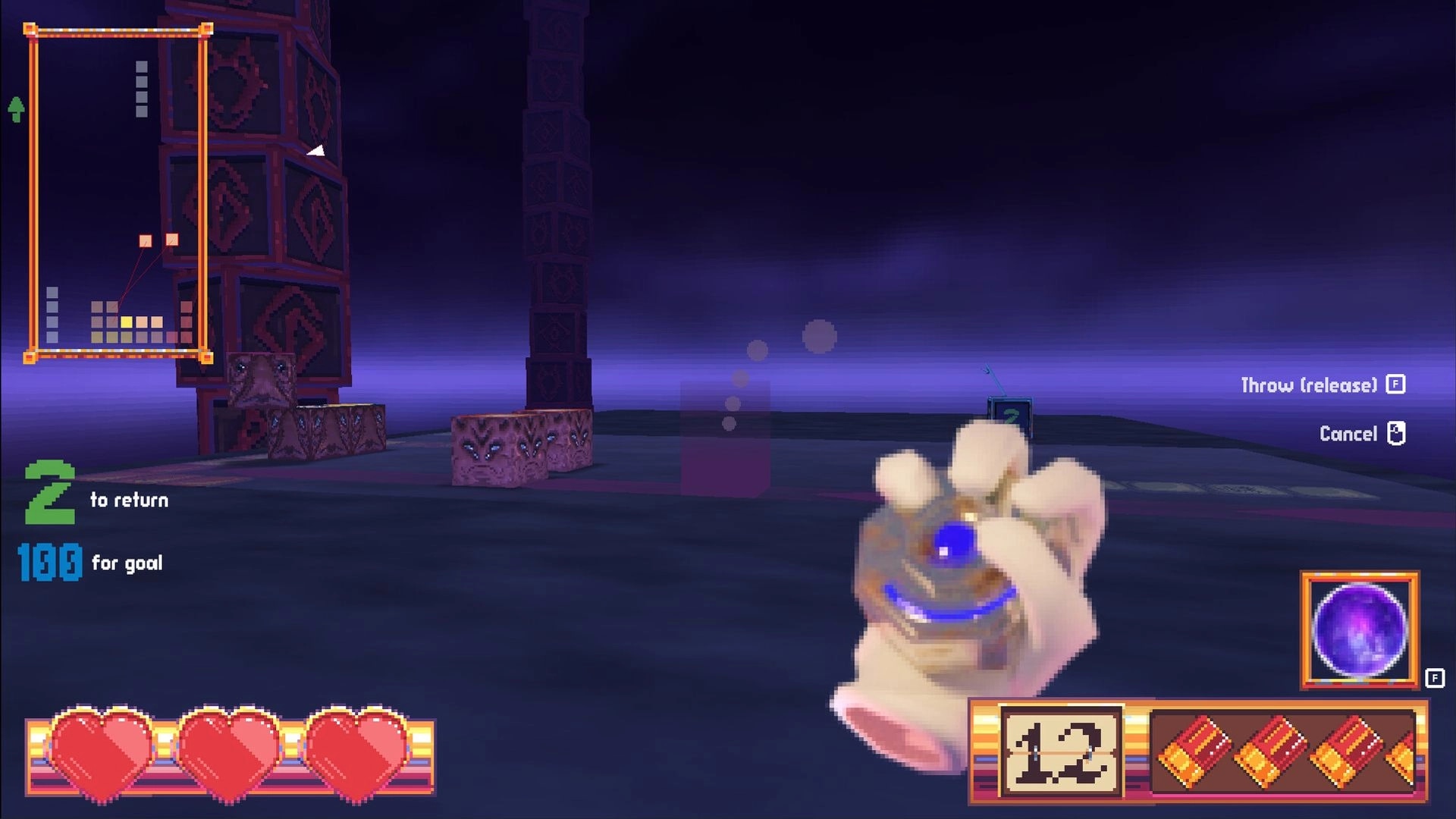 Blocks for Babies: First-person view holding a weapon with block stacks and game HUD in dark environment
