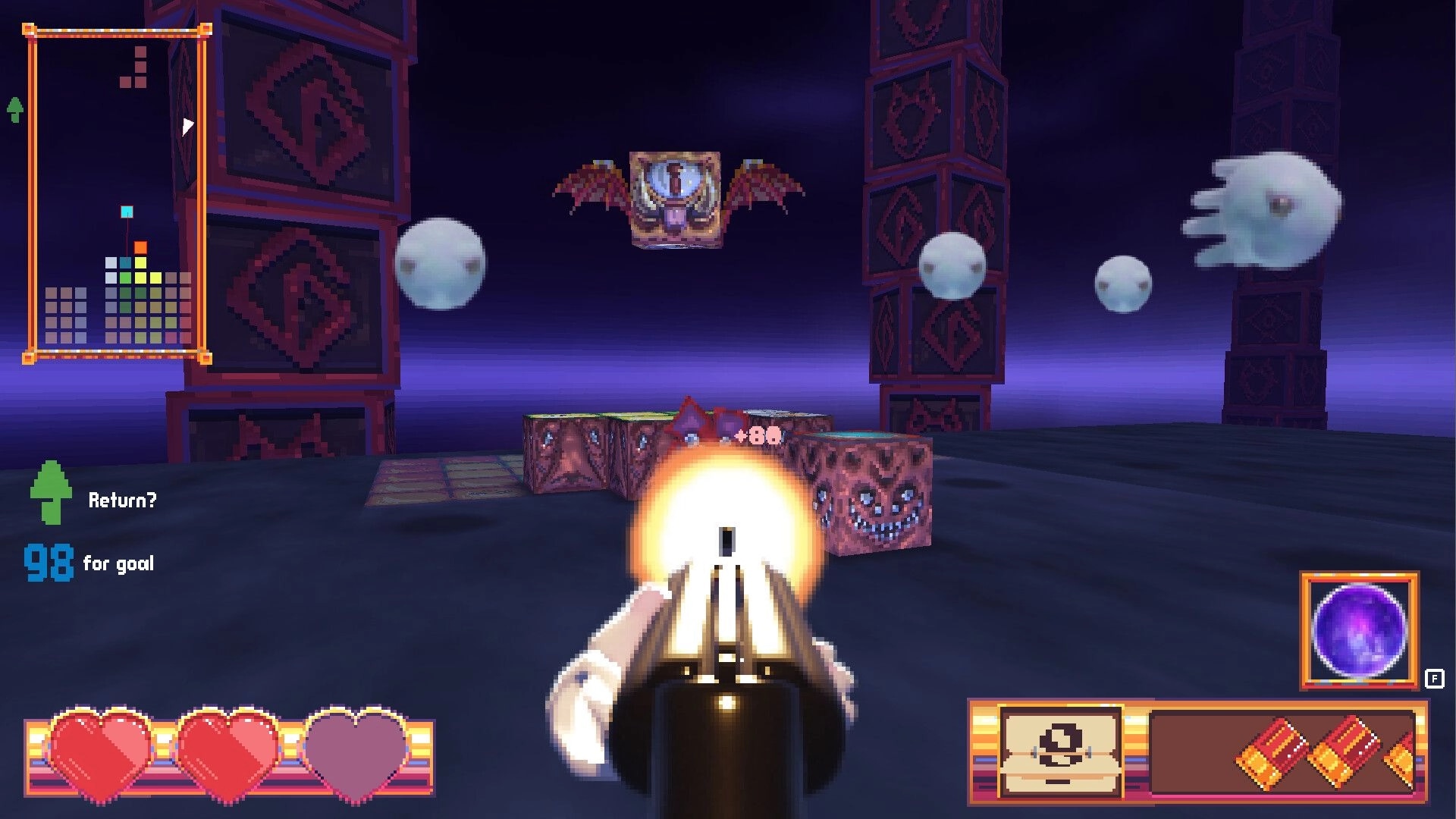 Blocks for Babies: First-person shooting at flying enemies amidst stacked blocks in a dark, eerie setting.
