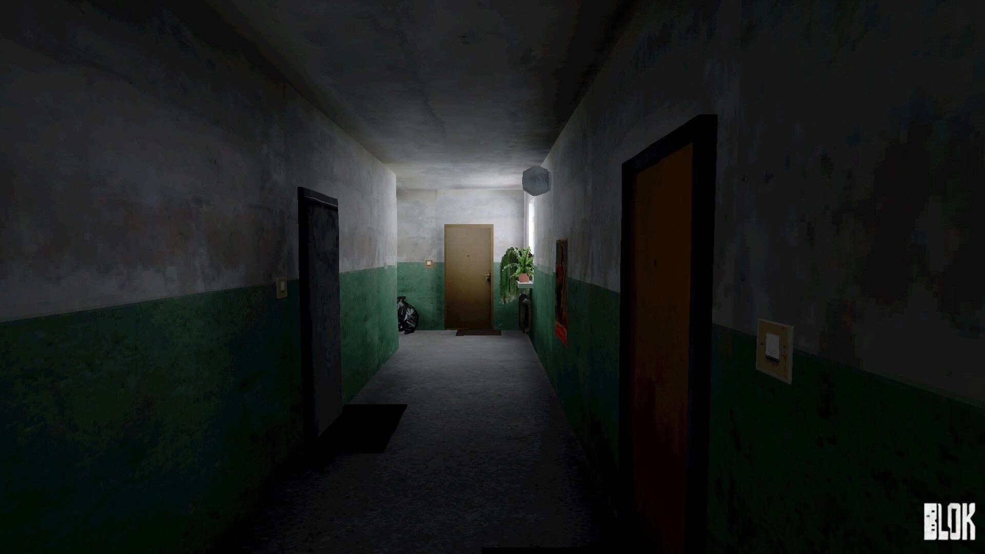 BLOK: First-person view down a dim apartment hallway with doors, trash bag, and potted plant.