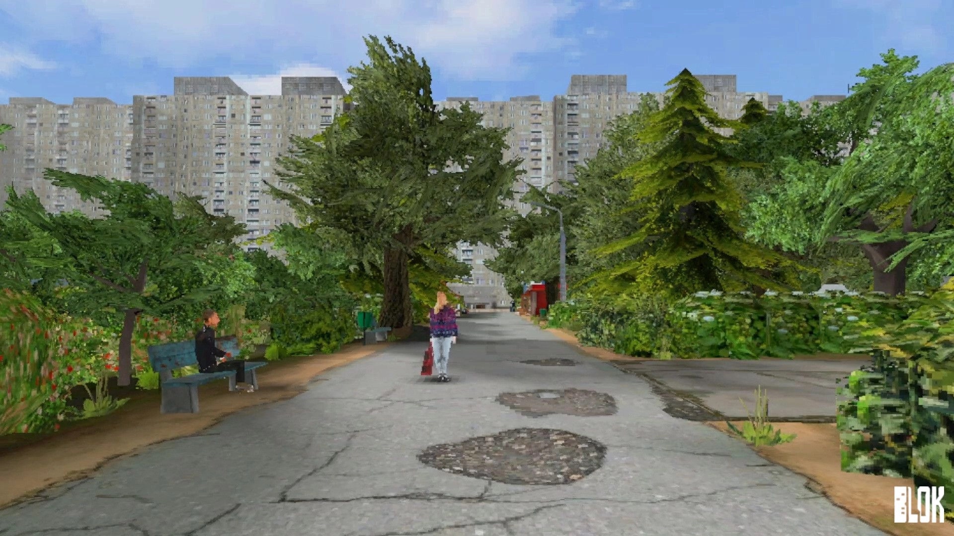 BLOK: Player walks down cracked path past benches and trees in a courtyard of tall apartment blocks.