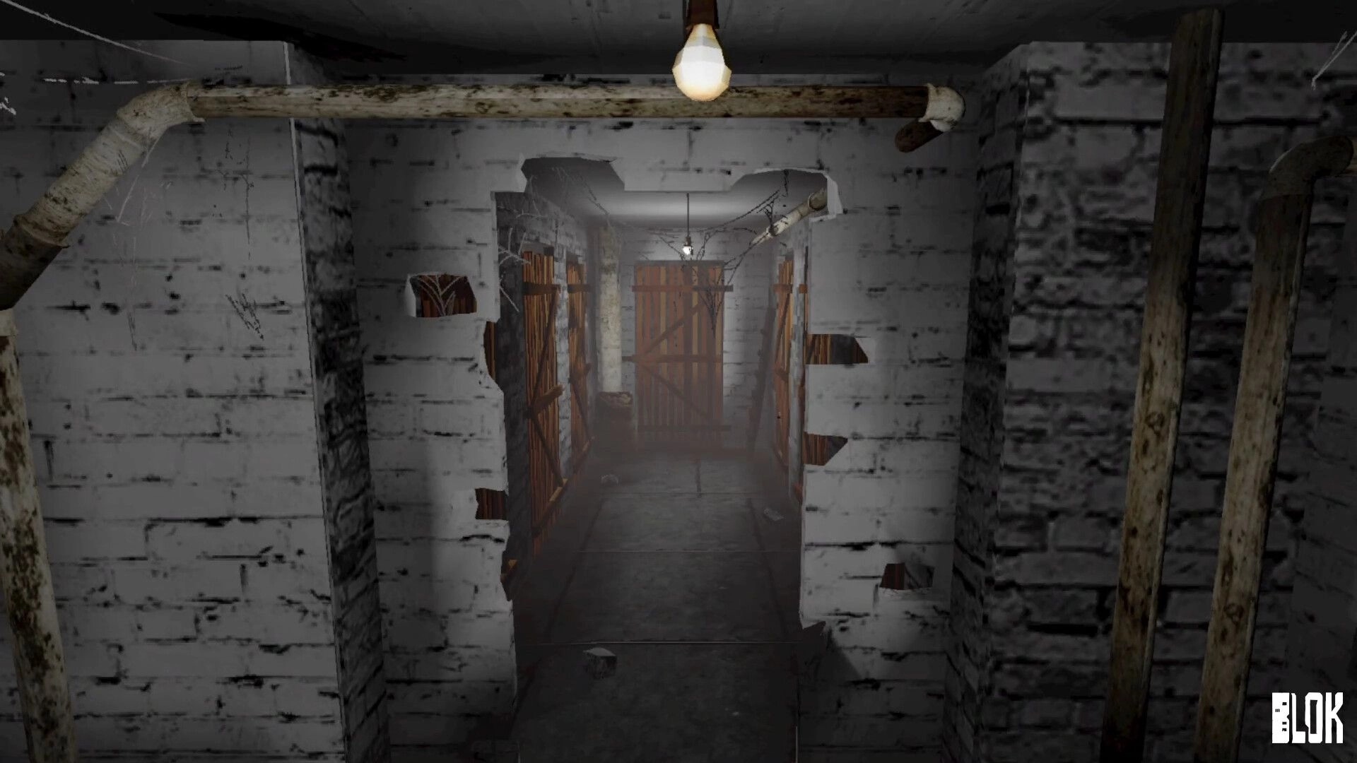 BLOK: Exploring a dim brick corridor with boarded doors, exposed pipes, and a hanging bulb overhead.