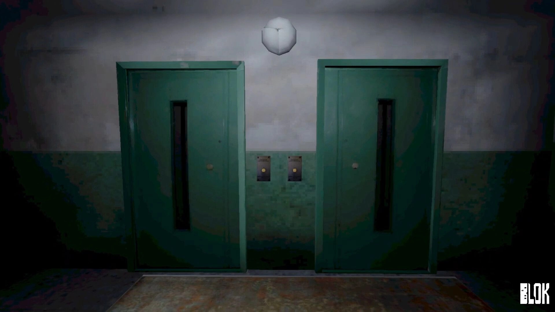 BLOK: Two green elevator doors with call buttons in a dim, grimy apartment hallway.