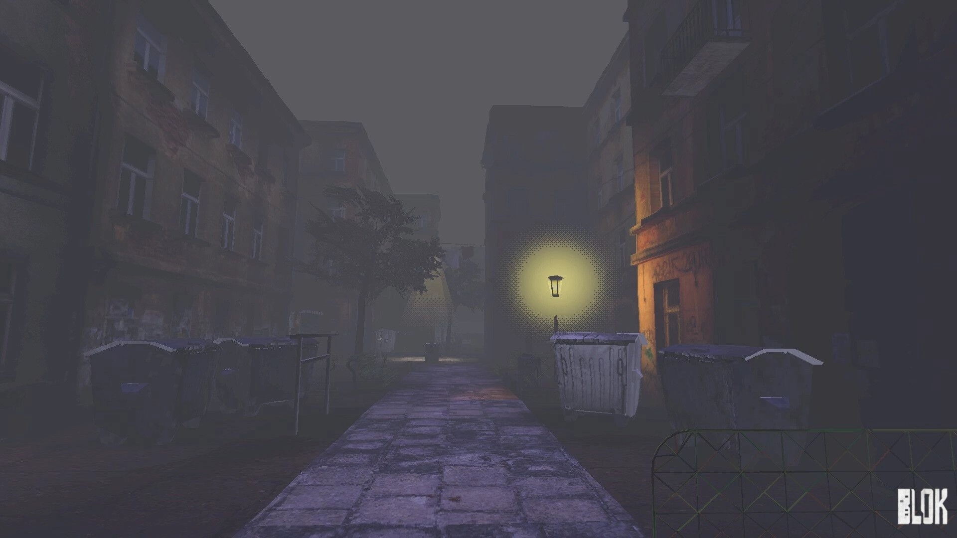 BLOK: Walk down a foggy apartment courtyard path lit by a streetlamp, with dumpsters nearby.