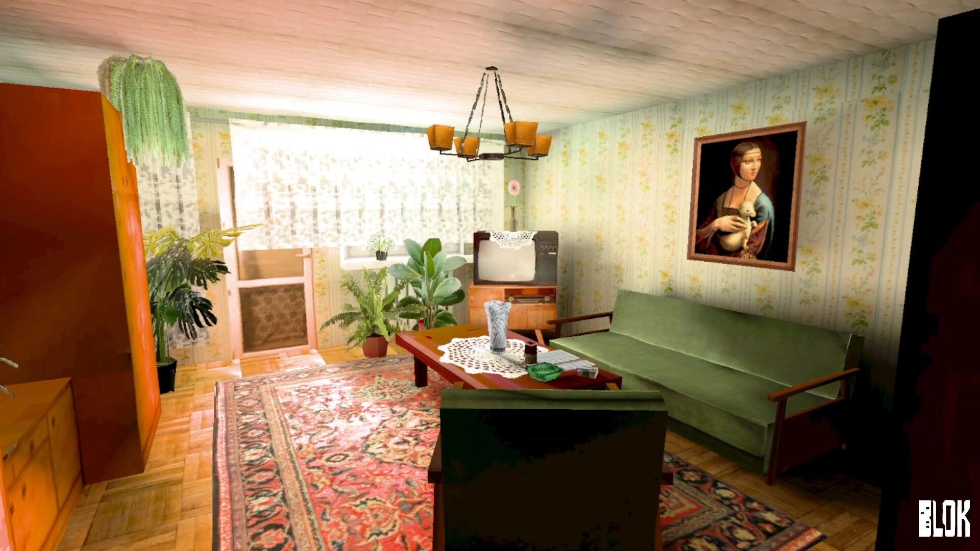 BLOK: Exploring a small living room with green sofa, TV, plants, and lace-covered coffee table.