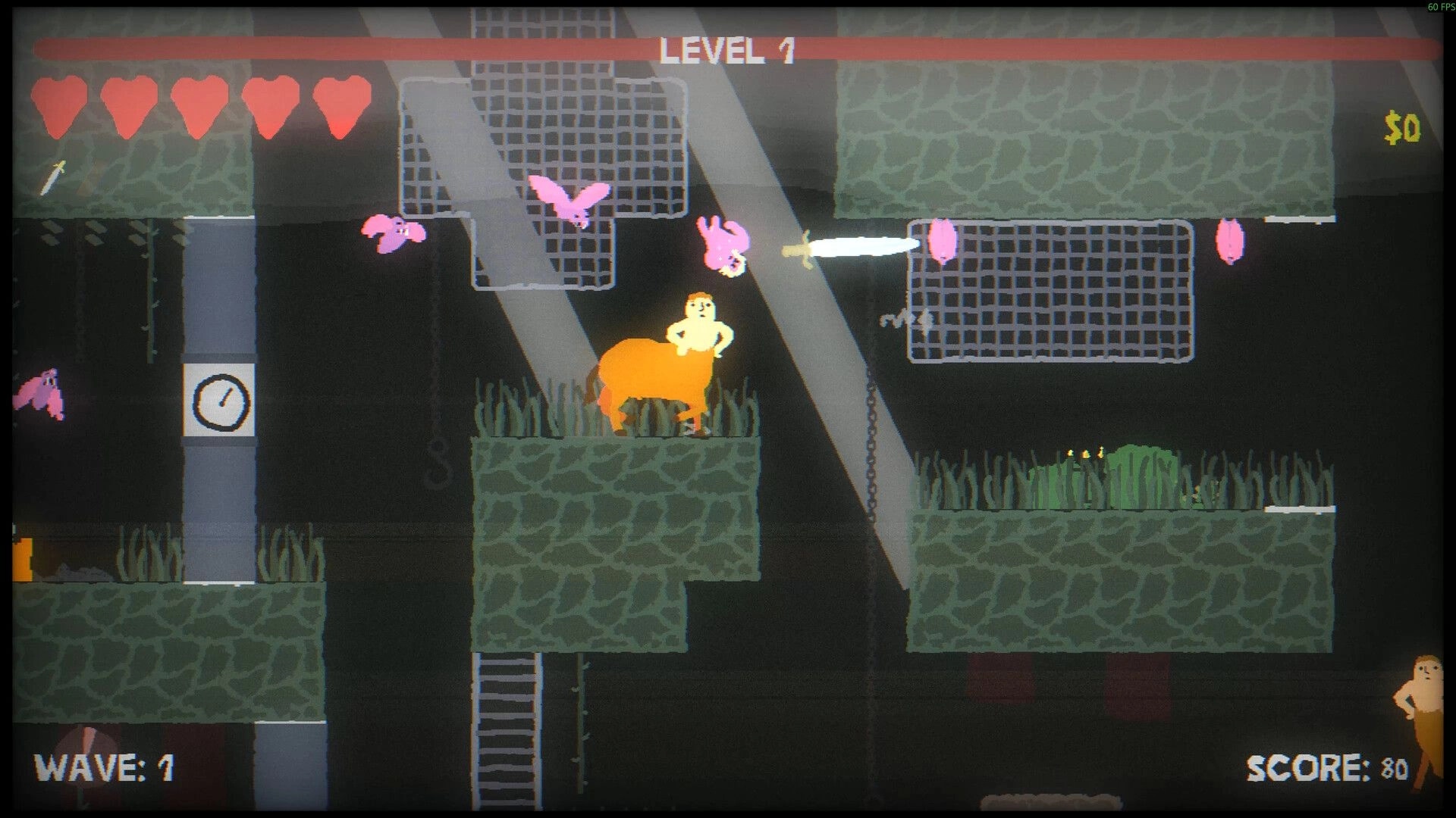 Blood Dungeon: Centaur hero fires at pink bats on Level 4 platforms, hearts and score UI visible.