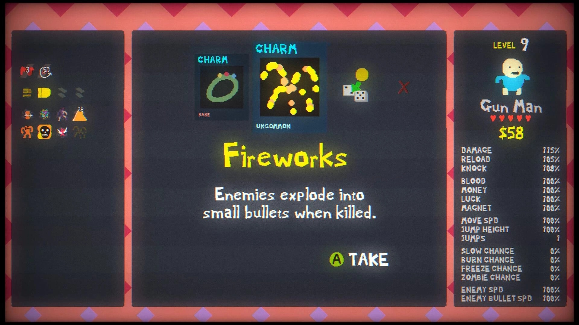 Blood Dungeon: Charm pickup menu for Fireworks perk with Gun Man stats panel on dungeon UI screen.