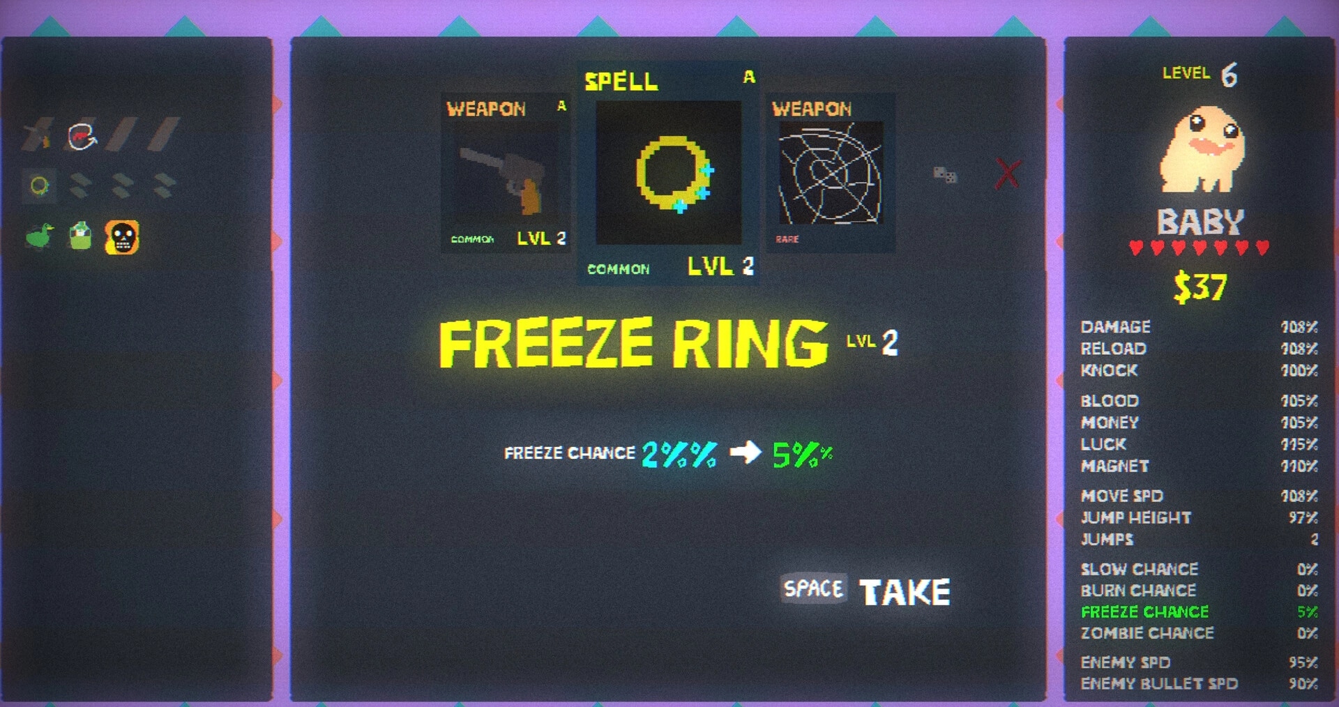 Blood Dungeon: Upgrade menu selecting Freeze Ring spell, with Baby stats panel and TAKE prompt on right.