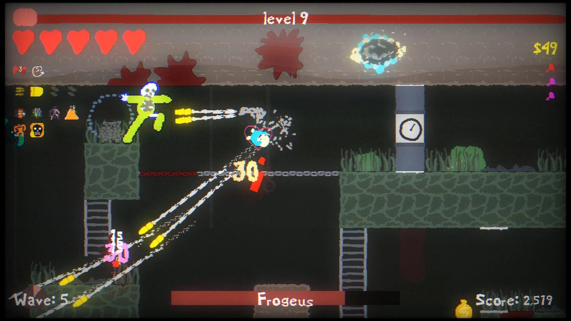 Blood Dungeon: Player fires bullets at enemies on level 9 with hearts UI in a dark dungeon arena.