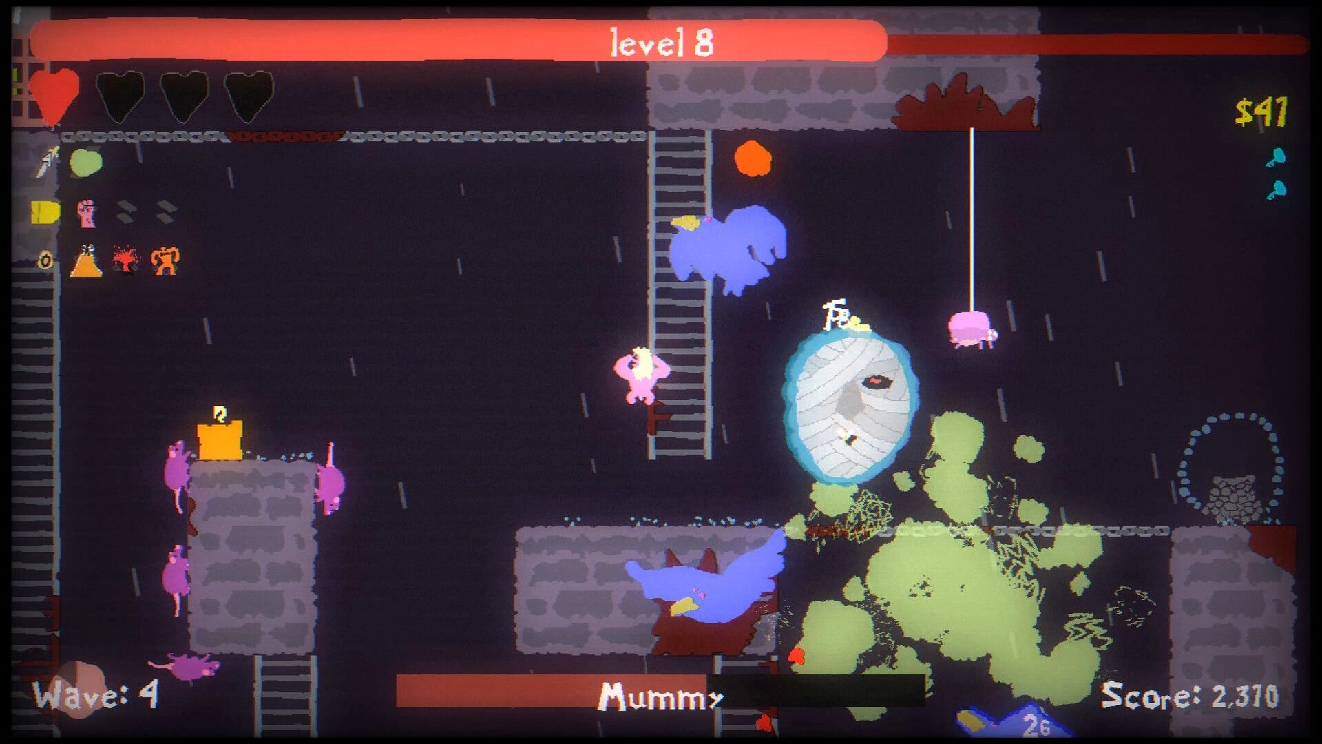 Blood Dungeon: Level 8 boss fight vs Mummy amid ladders and platforms, hearts UI and $41 counter visible.