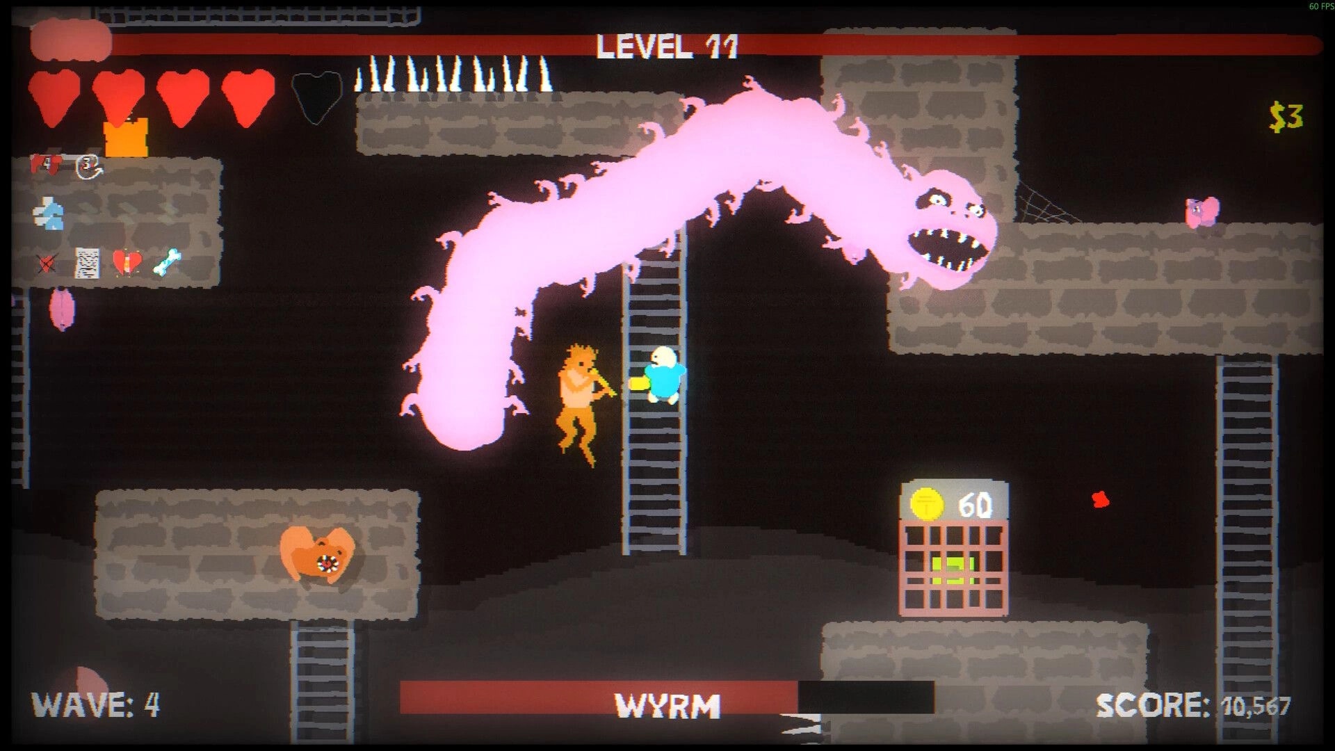 Blood Dungeon: Player climbs ladder as pink Wyrm boss attacks in stone dungeon, Level 11 UI visible.