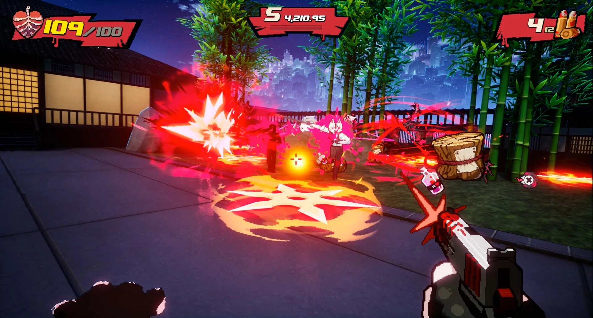 Blood High!: Firing at enemies amid red blood bursts bamboo garden courtyard at night with HUD stats.