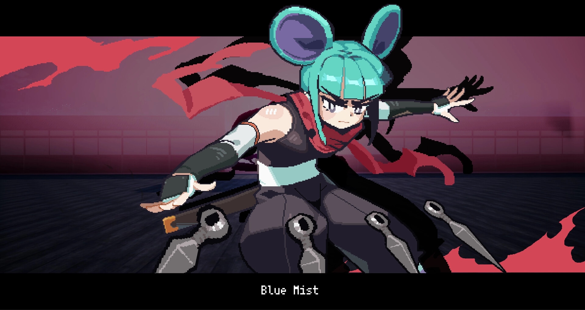 Blood High!: Blue Mist character art with teal-haired fighter in mouse ears on dark backdrop.