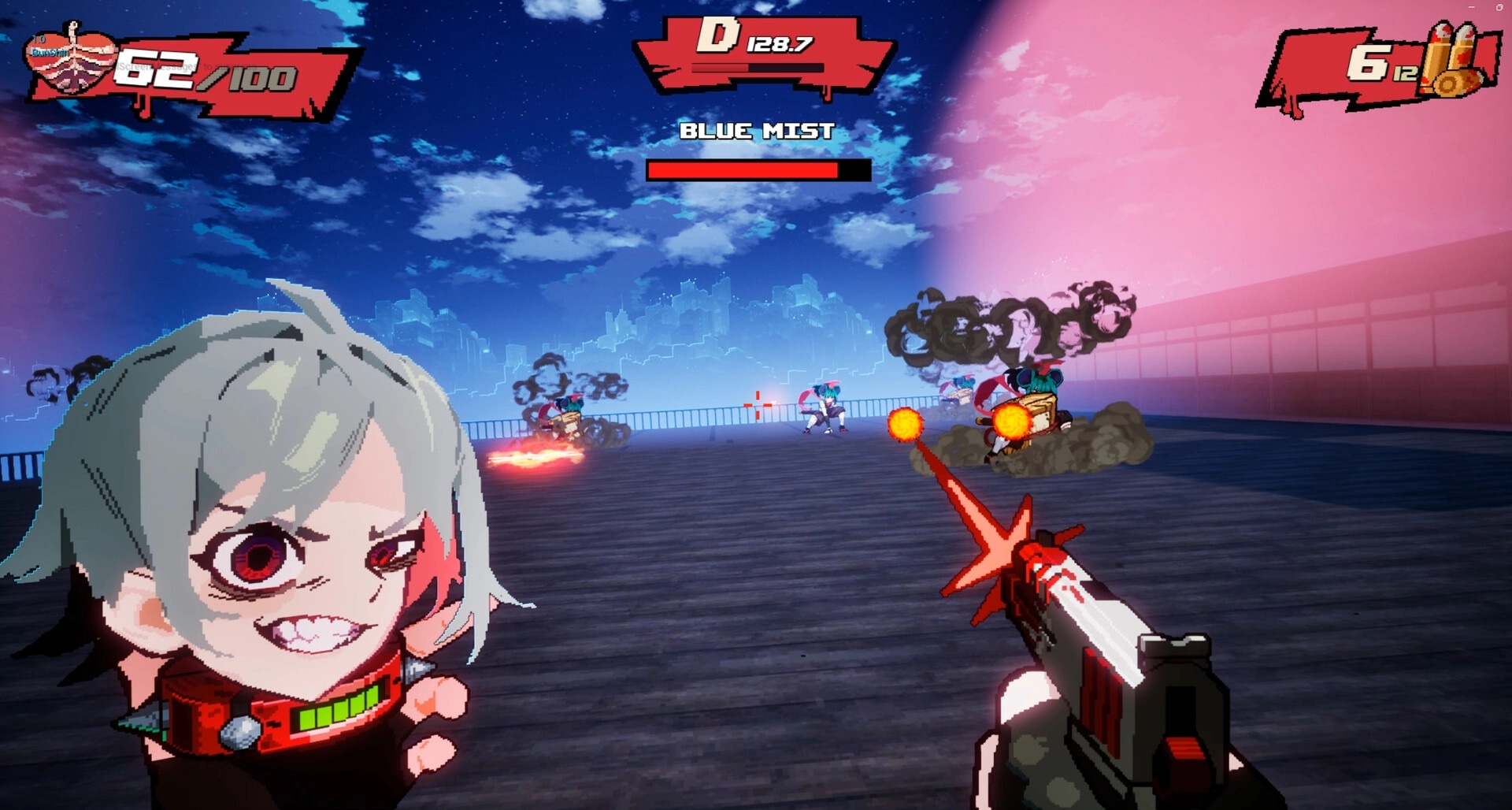 Blood High!: Firing a pistol at enemies as Blue Mist bar appears on a rooftop deck at dusk.