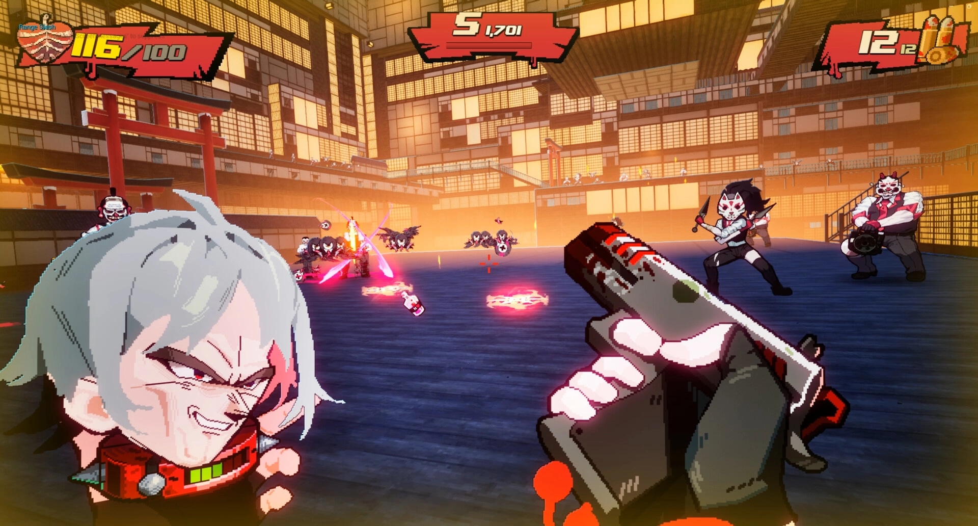 Blood High!: First-person pistol fight with masked enemies and HP/ammo UI in neon-lit courtyard arena.