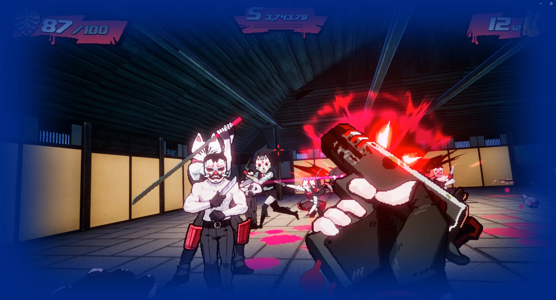 Blood High!: Firing pistol at masked sword enemies with blood splatter inside a warehouse arena HUD visible.