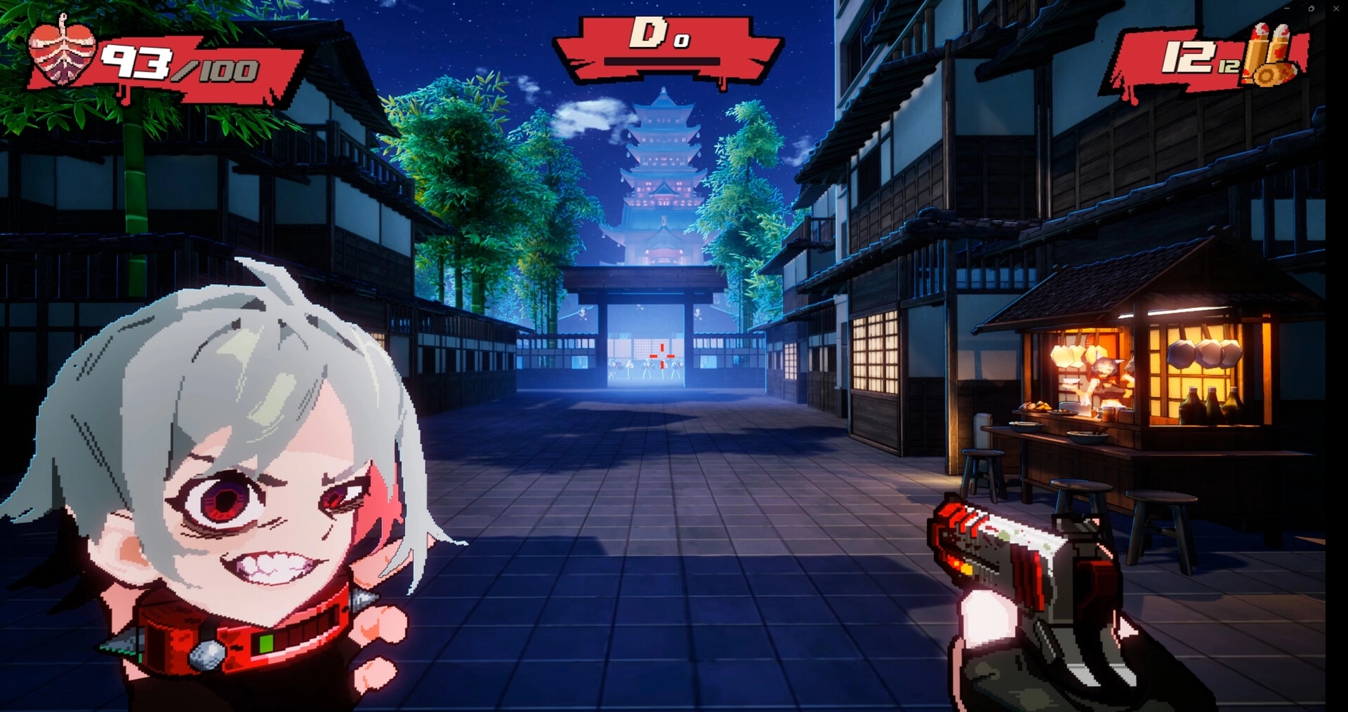 Blood High!: First-person pistol aiming down a lantern-lit street with HP and ammo UI at night village gate.