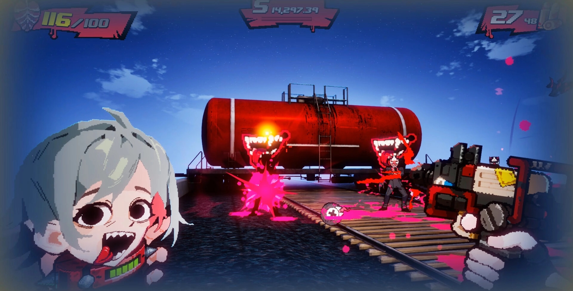 Blood High!: Shooting blood blasts at two enemies by a red tank car on tracks under night sky HUD.