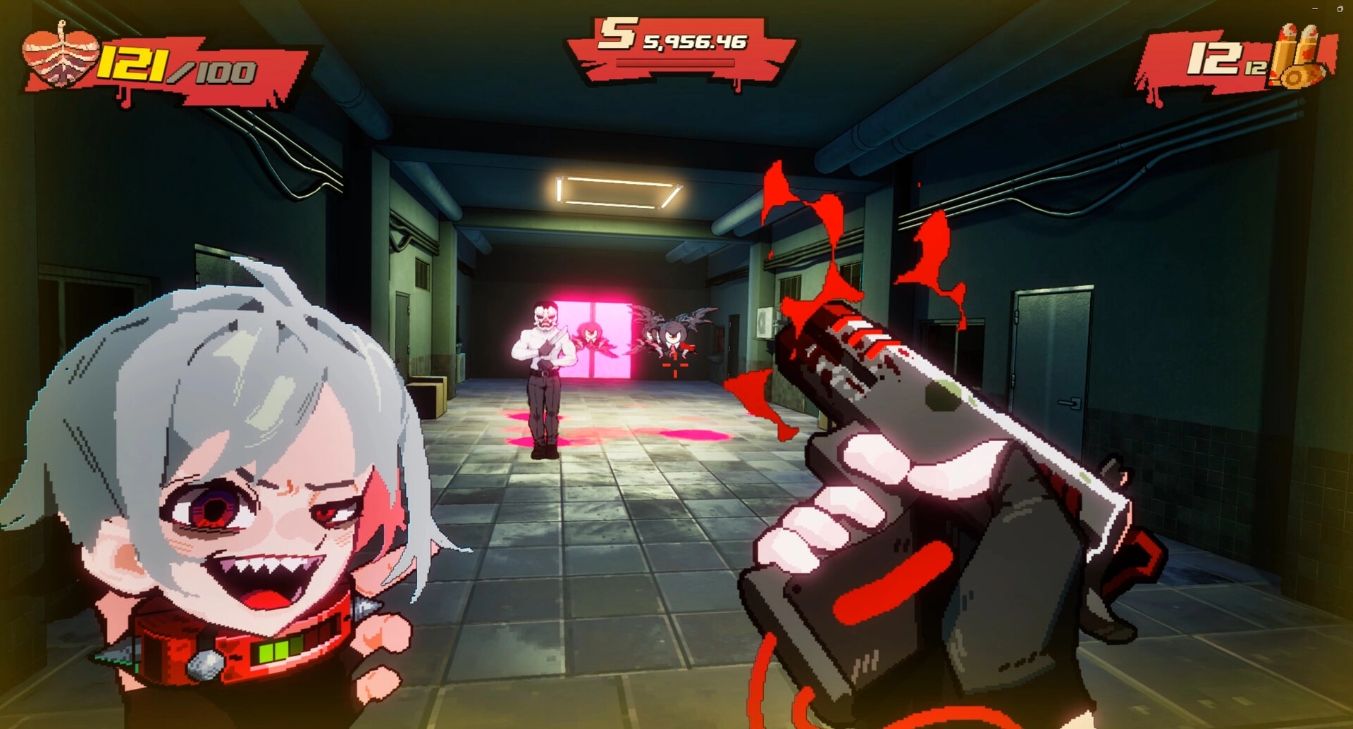 Blood High!: Reloading blood-splattered pistol as a suited enemy advances in a dim hallway corridor.