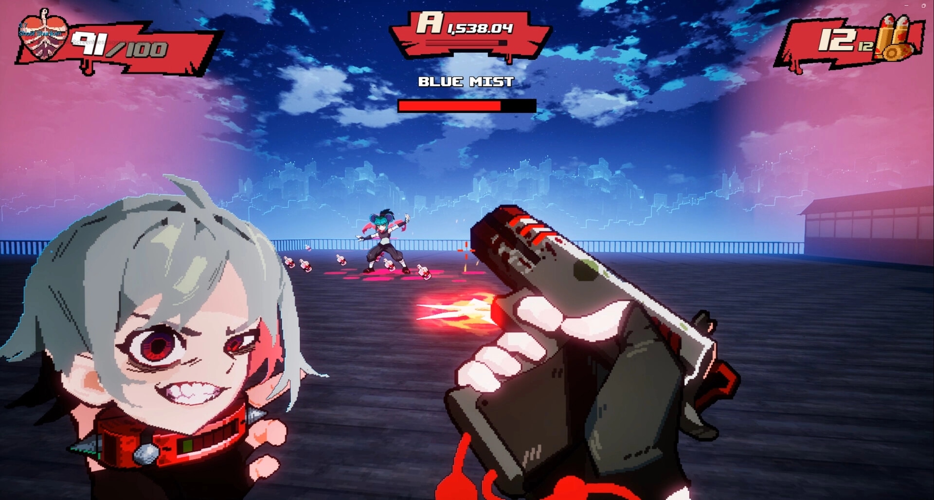 Blood High!: First-person pistol fight with BLUE MIST boss and floating head on a rooftop arena.
