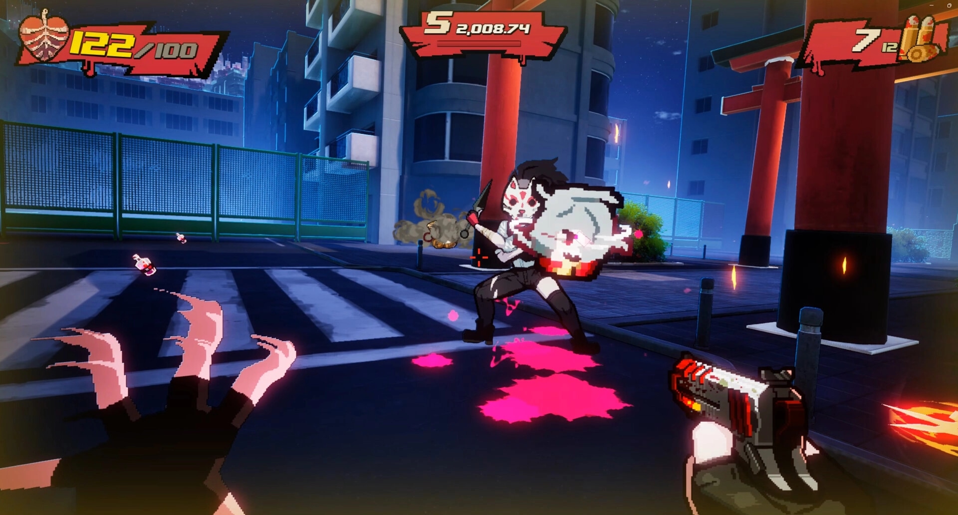 Blood High!: First-person gunfight with knife-wielding vampire on neon city street at night, HUD visible.