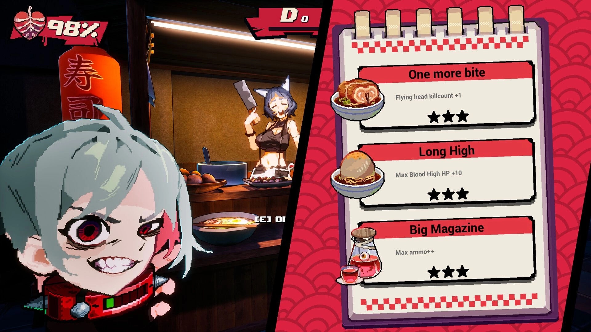 Blood High!: Upgrade selection menu with perks and 98% HP UI in a ramen shop counter scene.