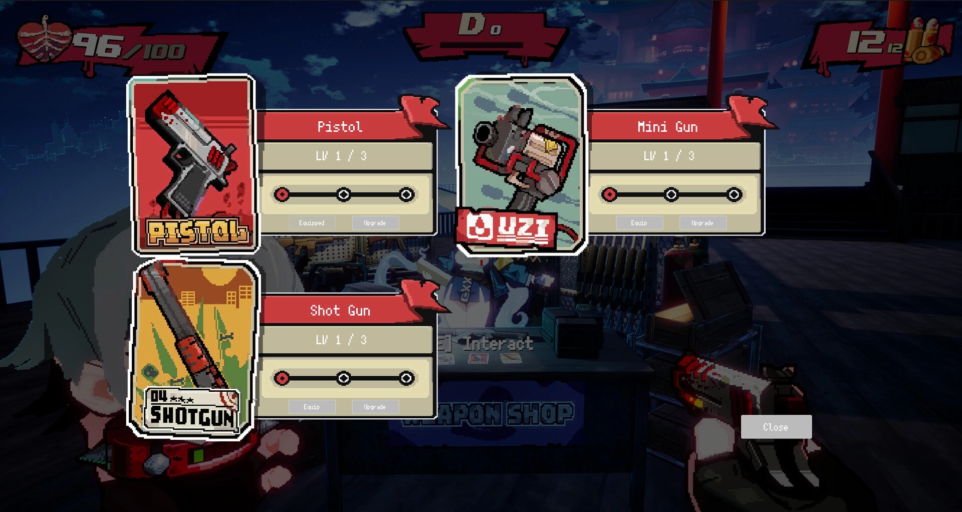 Blood High!: Weapon shop menu with pistol, shotgun and mini gun upgrade panels in neon night market.
