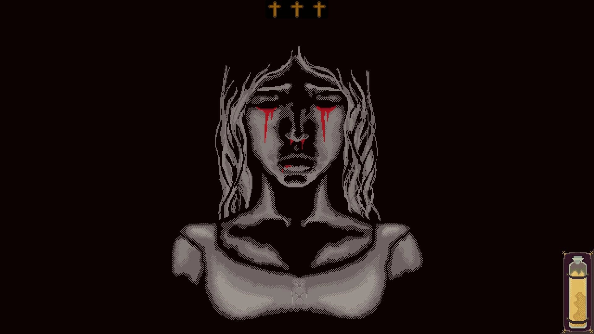 Blood Of The Lamb: Portrait of a weeping woman with red tears, with a holy relic indicator on the side.
