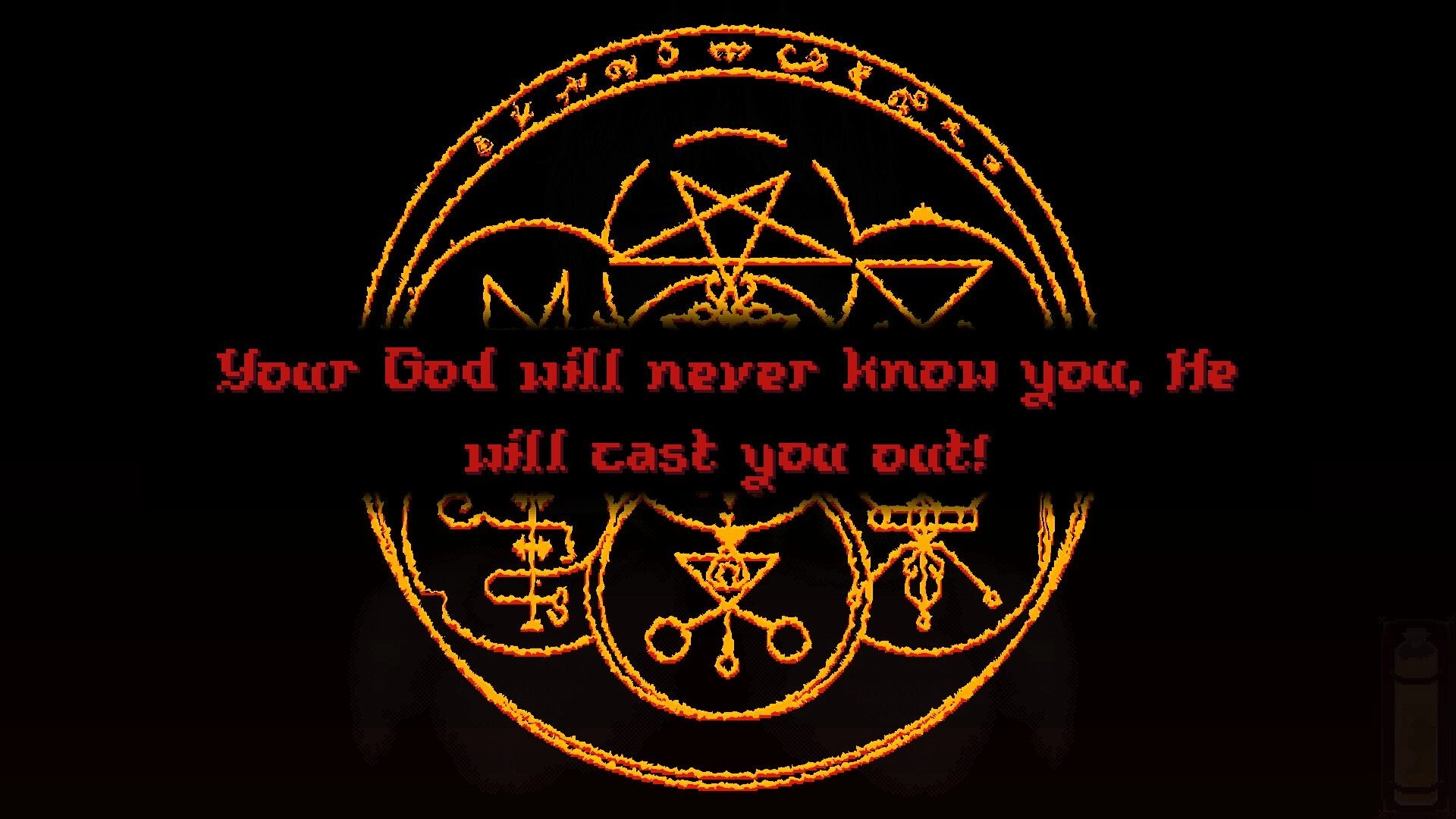 Blood Of The Lamb: Demonic symbol with ominous red text warning in dark, foreboding environment
