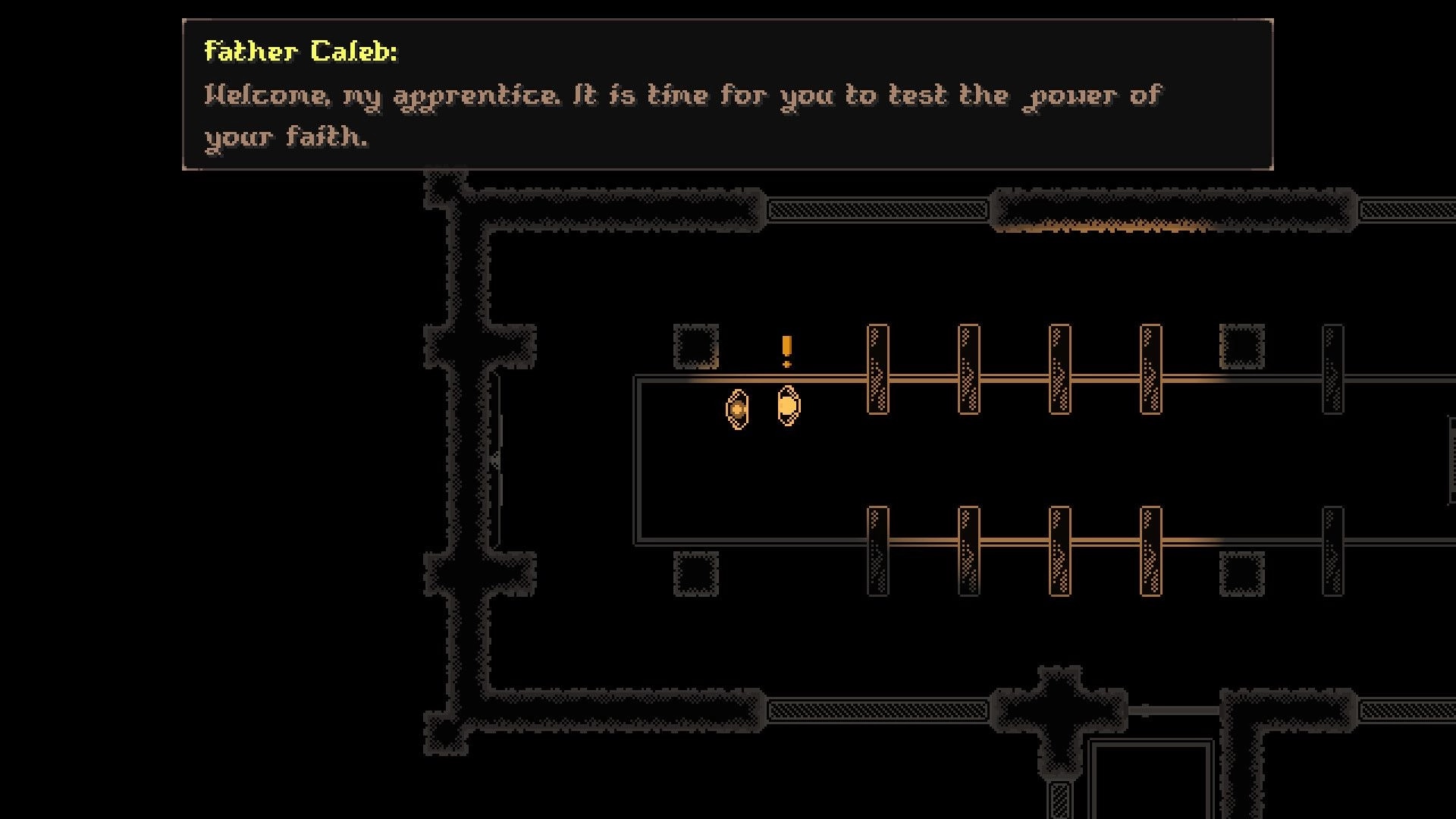 Blood Of The Lamb: Father Caleb instructs apprentice in dark, medieval church interior with benches.