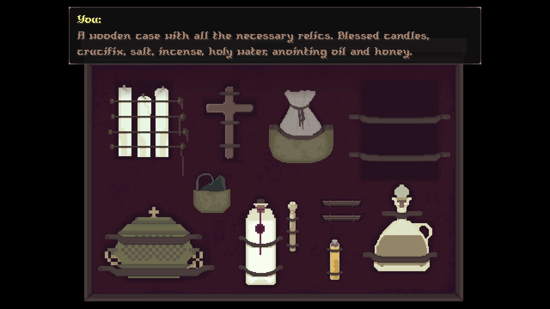 Blood Of The Lamb: Inventory menu with holy relics like crucifix, candles, and anointing oil displayed