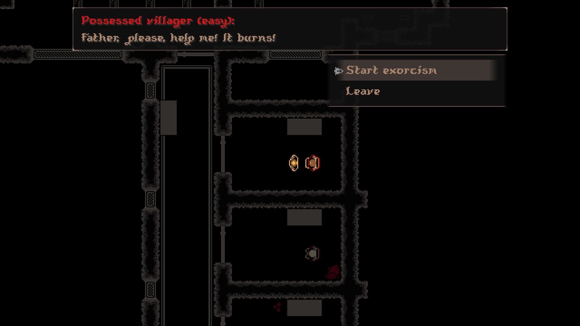 Blood Of The Lamb: Dialogue with possessed villager and exorcism menu in dark medieval dungeon corridor